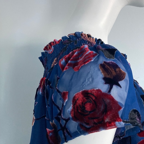 Flocked Chiffon Dress by En Creme, Navy Chiffon Smocked Dress - Picture 7 of 10